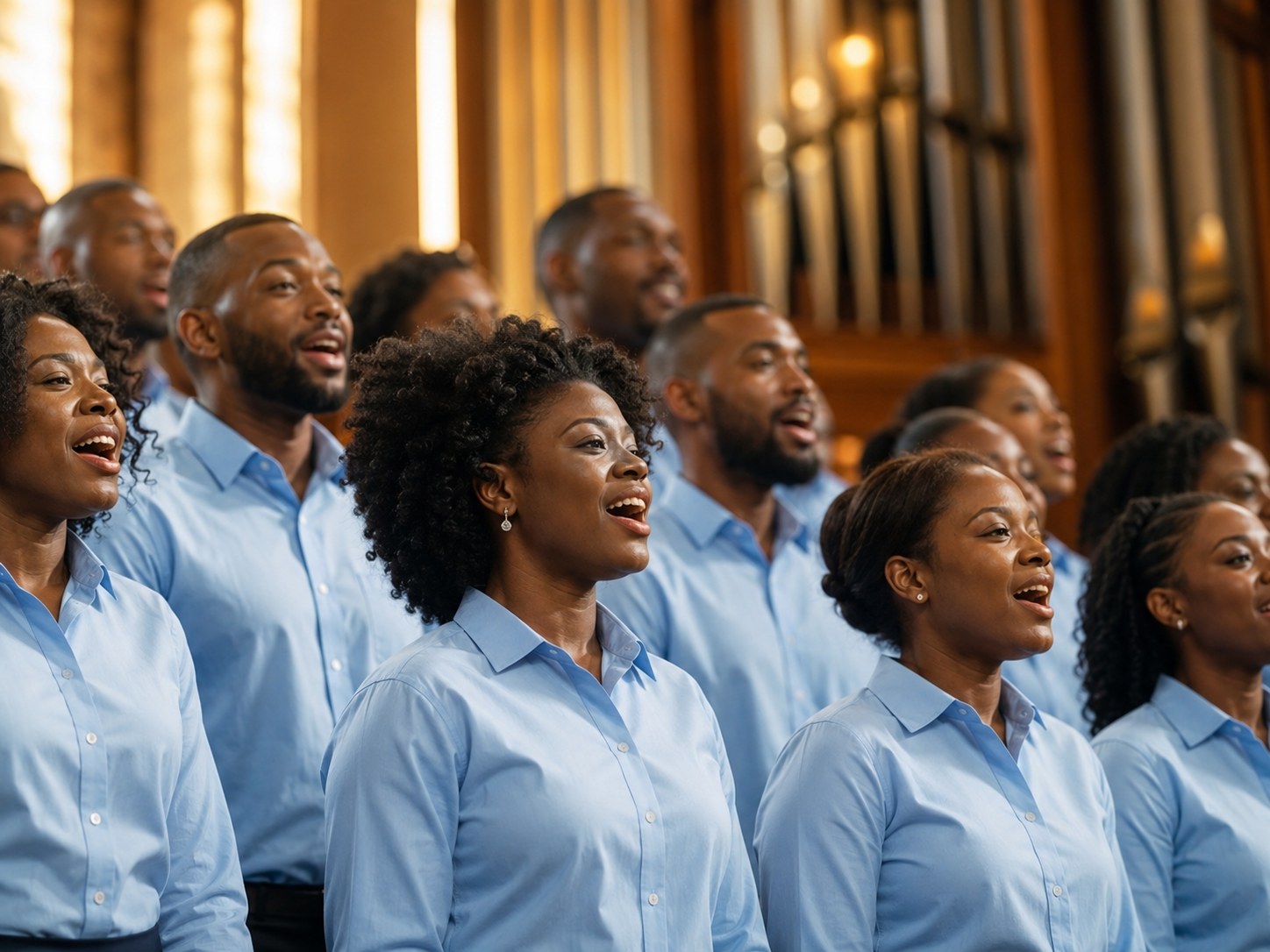 A church choir in matching light-blue M&H shirts