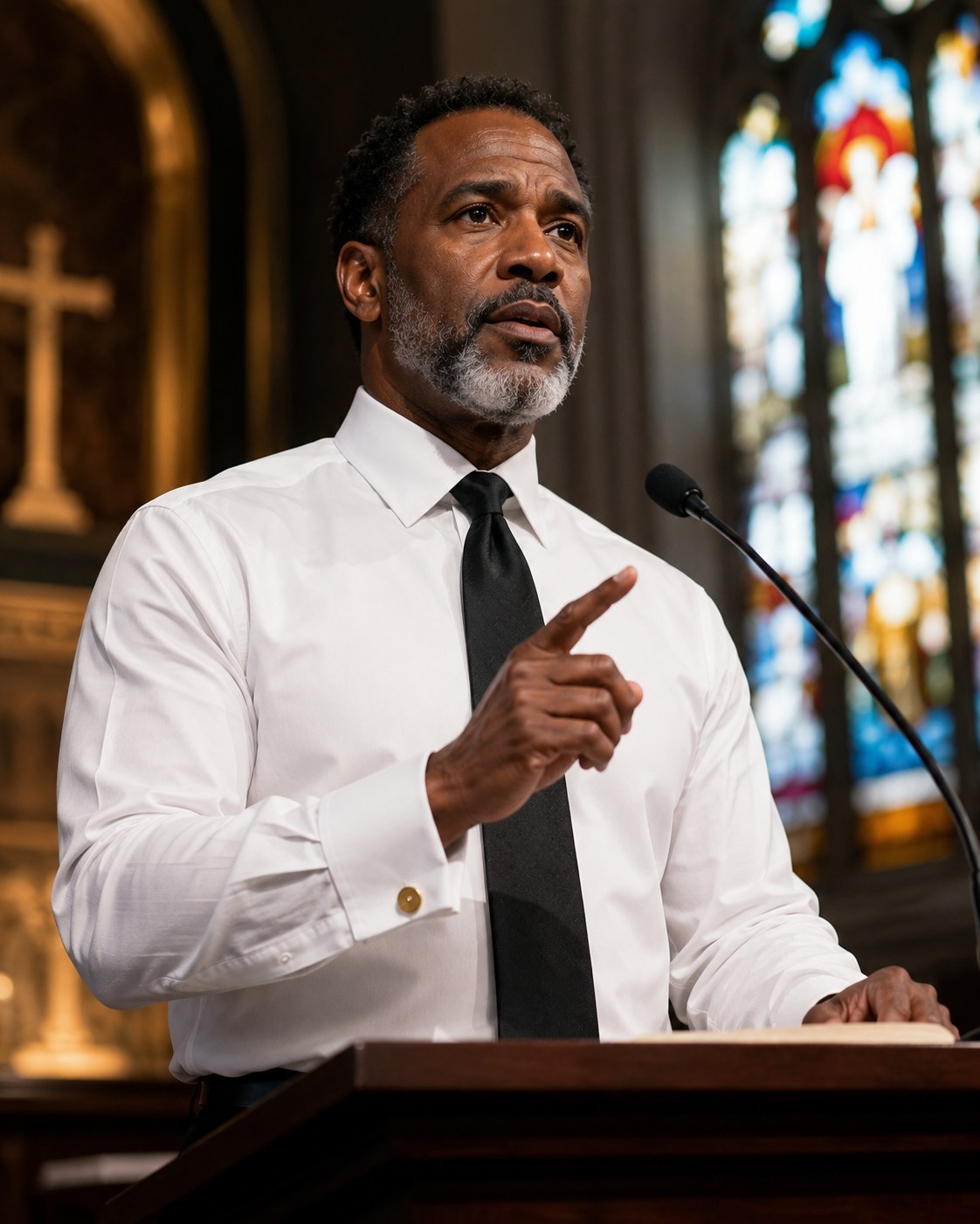A pastor in a crisp white M&H shirt preaching at the pulpit